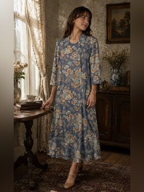 Vintage 1970s Blue Asian Floral Midi Dress Cape Collar Mod Boho Best Fit L XL